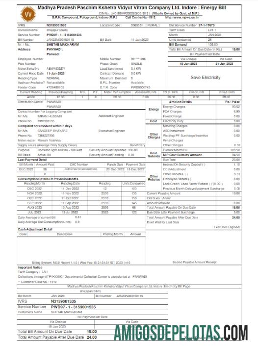 Para baixar modelo Word e PDF de conta de serviços públicos da ÍNDIA MPWZ